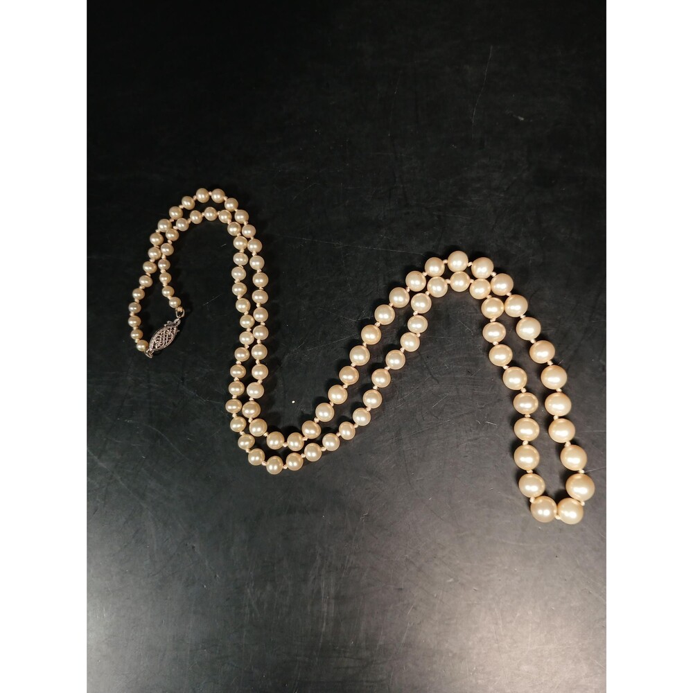 Vintage Sterling Silver Hand-Knotted Faux Pearl Necklace 27”